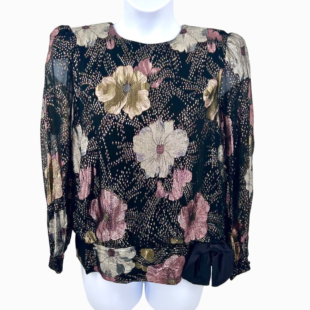 VINTAGE HAL FERMAN METALLIC FLORAL 80'S SHEER SLEEVE TOP W/ BOW ACCENT - 12 USA